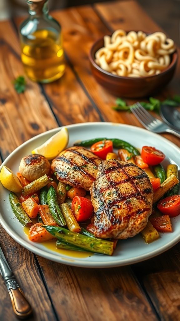Delicious Dinner Ideas for Every Occasion A plate of grilled chicken with vegetables and pasta, garnished with herbs and lemon, on a rustic table.